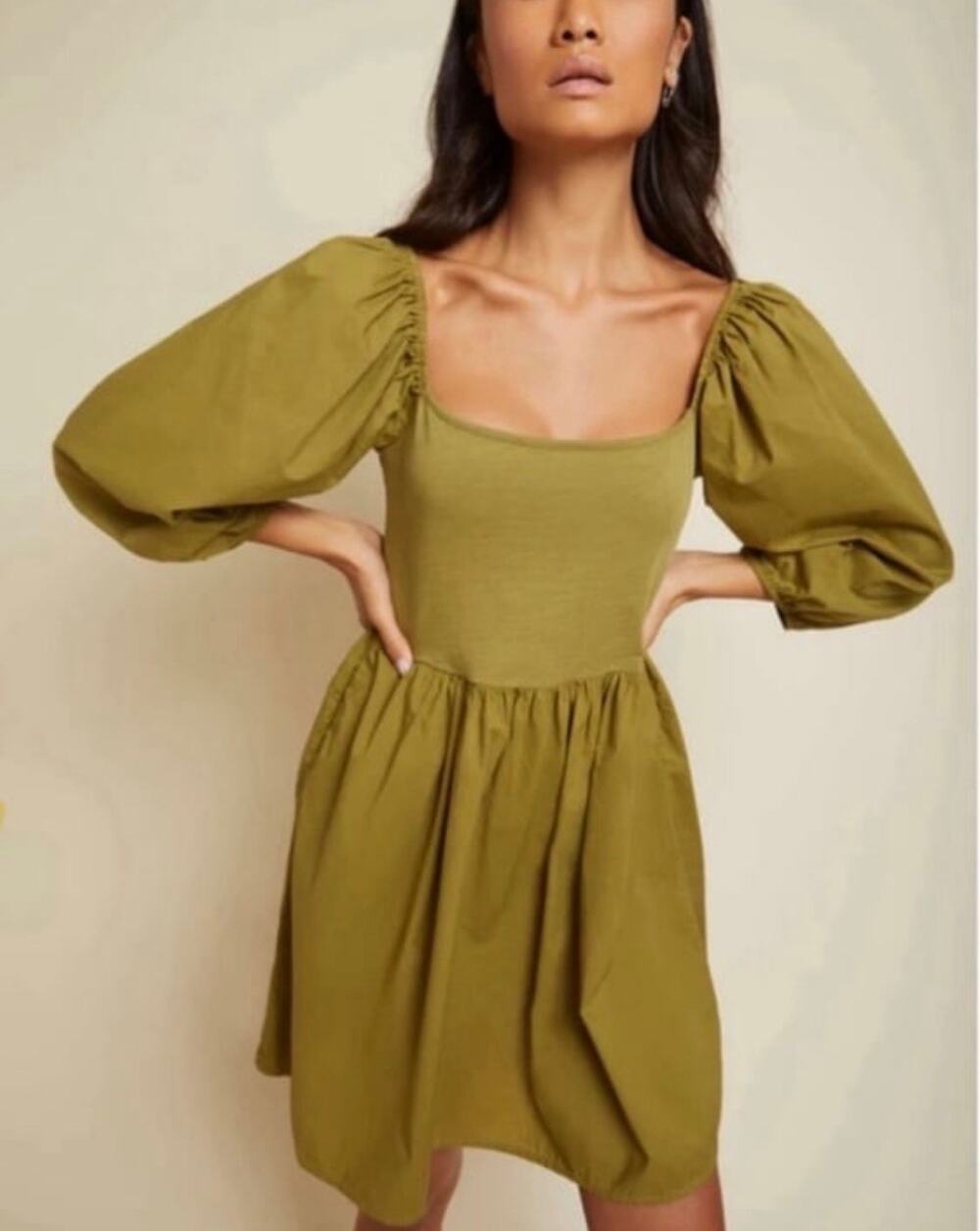 Nation LTD Heddie Combo Puff Sleeve Babydoll Dress Size Medium Olive Green Mini